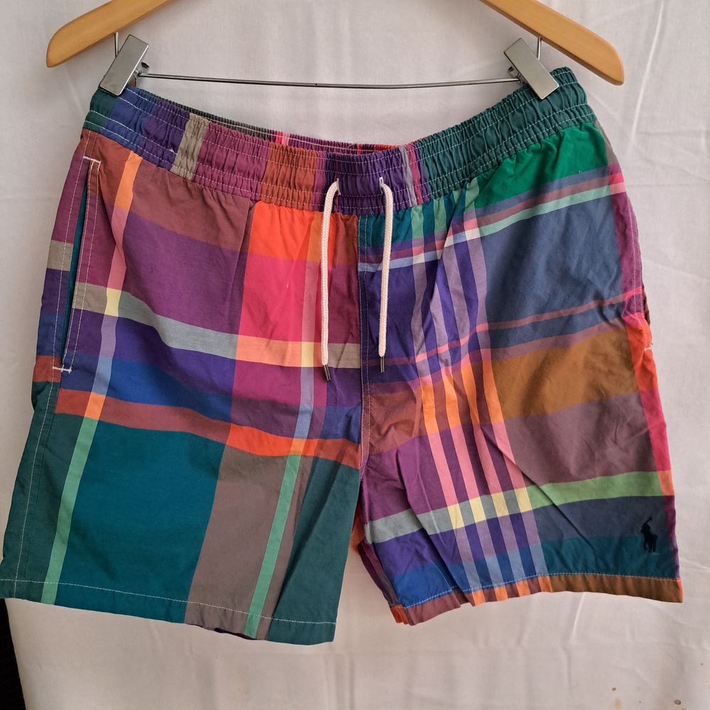 Polo Ralph Lauren Mens Multicolor Plaid Patchwork Swim Trunks Shorts Large
